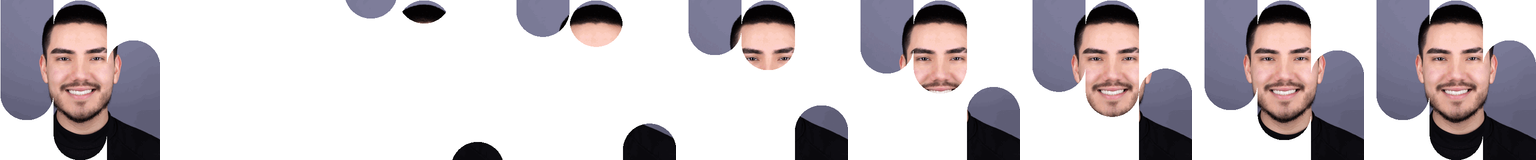 Nine frames of an animated signature photo. The first frame shows the finished photo in three pill shapes; the next frames start empty and assemble the pills again.