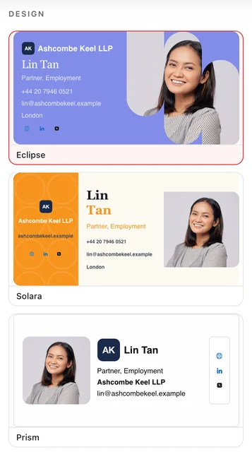The builder's list of designs, each one drawn with the same person's photo, name and company.