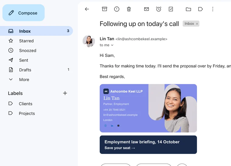 The builder's preview: an email open in Gmail, signed with the finished signature and its banner.