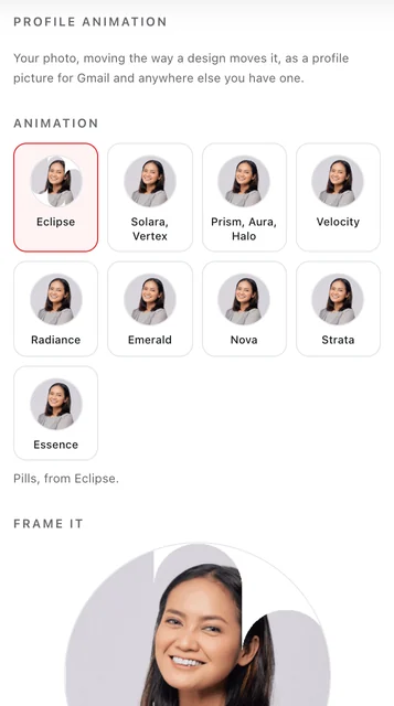The builder's Profile animation panel: Lin Tan's photo in each design's motion, and the circle it is framed in.