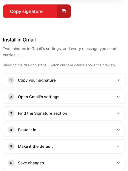The install page: a Copy signature button over the six steps for Gmail.
